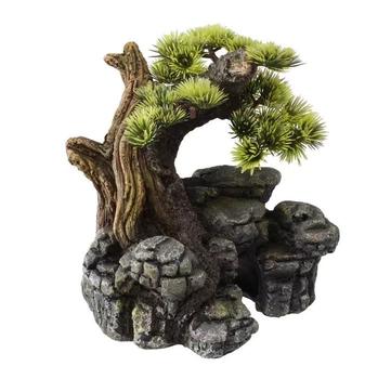 Febo Akvariedekorasjon Stein med Plastikkplante - 18cm (126-234-105337)