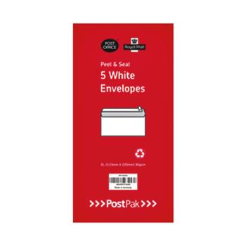 Postpak DL Peel and Seal White 80gsm 5 Packs of 50 Envelopes 9731926 (9731926)
