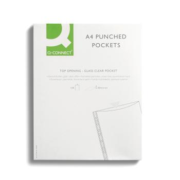 Q-CONNECT Delux Punched Pocket Top Opening Green Strip A4 Clear (Pack of 100) KF01121 (KF01121)