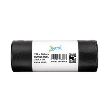 2WORK Refuse Sack 100 Litre 20 Bags per Roll (Pack of 10) Black 2W06018 (2W06018)