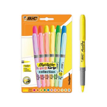 BIC Grip Highlighter Pen Chisel Tip 1.6-3.3mm Line Assorted Pastel Colours (Pack 12) - 992562 (992562)