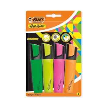 BIC Highlighter Pen with Clip Chisel Tip 1.7-4.8mm Assorted Colours (Pack 4) - 943652 (943652)