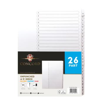 CONCORD Unpunched Index A-Z 26 Part A4 160gsm White (Pack of 5) 75601 (75601)