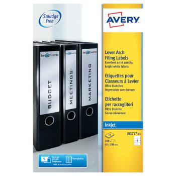 AVERY Inkjet Filing Label Lever Arch File 200x60mm 4 Per A4 Sheet White (Pack 100 Labels) J8171-25 (J8171-25)
