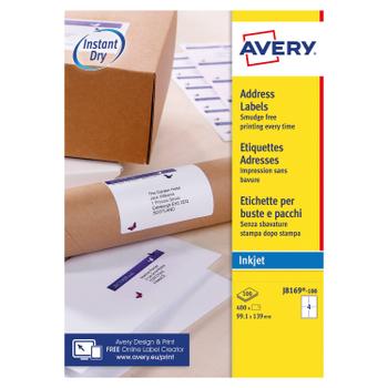 AVERY Inkjet Address Label 139x99mm 4 Per A4 Sheet White (Pack 400 Labels) J8169-100 (J8169-100)