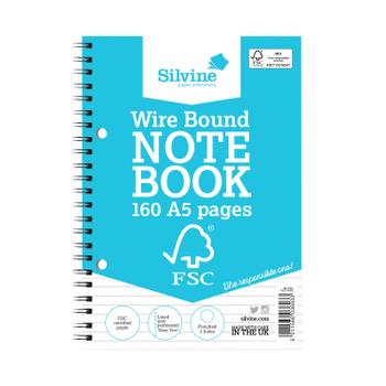 SILVINE FSC A5 Wirebound Card Cover Notebook Ruled 160 Pages Blue (Pack 5) - FSCTWA5 (FSCTWA5)