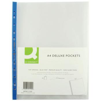 Q-CONNECT Delux Punched Pocket Top Opening Blue Strip A4 Clear (Pack of 25) KF01122 (KF01122)