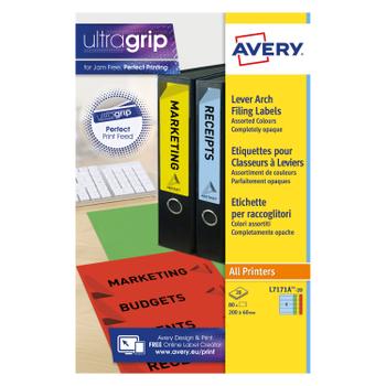 AVERY Laser Filing Label Lever Arch File 200x60mm 4 Per A4 Sheet Multicoloured (Pack 80 Labels) - L7171A-20 (L7171A-20)