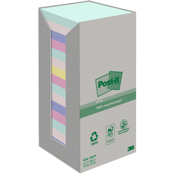 POST-IT Recycled Sticky Notes Kleurenassortiment 76 x 76 mm 100 Vellen Pak van 16 (7100259226)