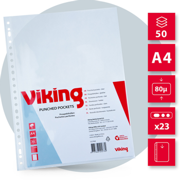 VIKING Showtassen A4 Glashelder Transparant 80 micron PP (Polypropeen) Boven 23 Gaten 50 Stuks (1227968)