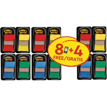 POST-IT Indexen 25,4 mm x 43,2 mm Kleurenassortiment 50 Strips/ dispenser Verpakking met 12 dispensers Voordeelverpakking 8 + 4 Gratis (680-P12)