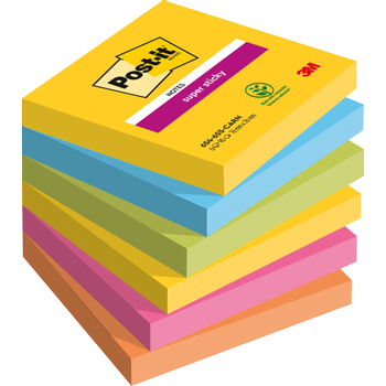POST-IT Carnival Super Sticky Notes 76 x 76 mm Kleurenassortiment Vierkant Blanco 6 blokken à 90 Vellen (6546SSRIOEU)