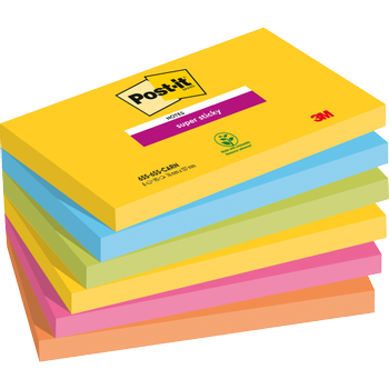 POST-IT Carnival Super Sticky Notes 127 x 76 mm Kleurenassortiment Rechthoekig Blanco 6 blokken à 90 Vellen (6556SSRIOEU)