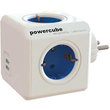 ALLOCACOC PowerCube Original USB - 4xCEE 7/4-uttak og 2xUSB for ladning av mobile enheter, 1xCEE 7/7 tilkobling,  barnesikrede kontakter,  hvit/blå (44-1202)