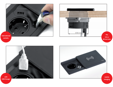 EVOline Square80 sort - 1x stikk 1x 1000mA USB lader Qi Cat.6 (1504333)