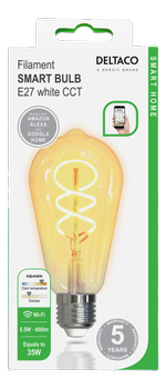 Deltaco Smart Home Spiral LED filament lamp E27 WiFI 2.4GHz 5.5W (SH-LFE27ST64S)