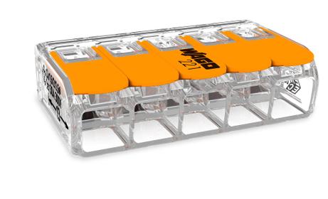 Wago Koblingsklemme m/åpner 5-hull 6mm² 15-pk