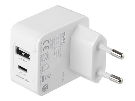 Deltaco 17W strømadapter,  USB-C, USB-A Output USB-C: 3A, 15W, Output USB-A: 2.4A, 12W (USBC-AC134)
