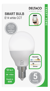 Deltaco SMART HOME LED lamp,  E14,  WiFI 2.4GHz,  5W,  470lm (SH-LE14G45W)