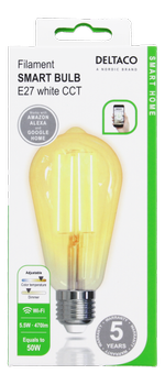 Deltaco Smart Home Dekorpære LED filament lamp E27 WiFI 2.4GHz 5.5W (SH-LFE27ST64)