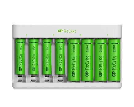 GP ReCyko Charger 8 ladespor NiMH, 4 x AA 2100mAh + 4 x AAA 850mAh NiMH-batterier (202252)