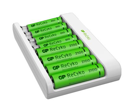 GP ReCyko Charger (USB) E811, 8- ladespor NiMH, 4 x AA 2100mAh + 4 x AAA 850mAh NiMH-batterier (202252)