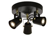 Aneta Lighting METZ takspot 3-lys plate, svart/ matt messing, 3xGU10 (7041661271487)