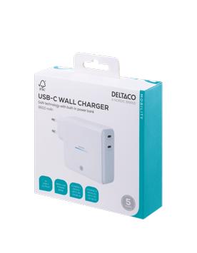 Deltaco USB-C-vegglader med innebygd powerbank og GaN-teknologi,  9600 mAh, hvit (PB-Q1004)