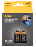 Aqiila USB-C Rechargeable Battery, Size CR123A, 750 mAh (2-pack) (406095)