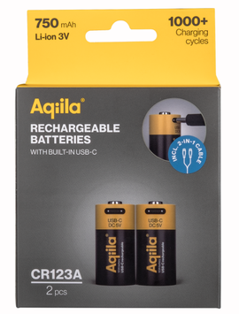 Aqiila USB-C Rechargeable Battery, Size CR123A, 750 mAh (2-pack) (406095)
