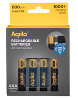 Aqiila USB-C Rechargeable Battery, Size AAA, 600 mAh, 1.5V (4-pack)