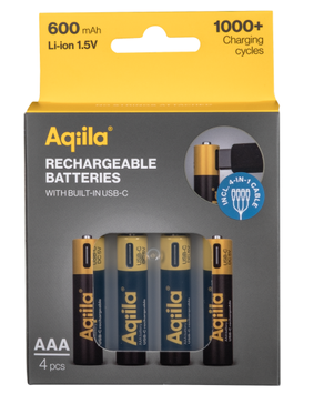 Aqiila USB-C Rechargeable Battery, Size AAA, 600 mAh, 1.5V (4-pack) (406094)