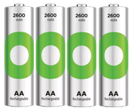 GP ReCyko Rechargeable Battery, Size AA, 2600 mAh, 4-pack (201246)