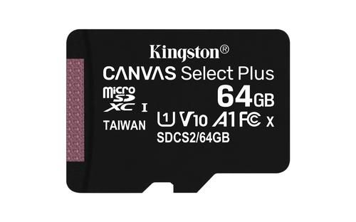 KINGSTON 64GB MICROSDXC CANVAS SELECT 100R A1 C10 CARD + SD ADAPTER EXT (SDCS2/64GB)