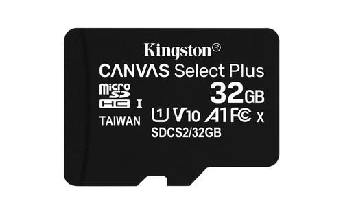 KINGSTON 32GB MICROSDHC CANVAS SELECT 100R A1 C10 CARD + SD ADAPTER EXT (SDCS2/32GB)