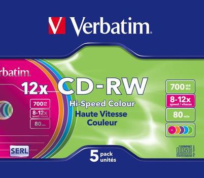 VERBATIM CD-RW, 12x, 700 MB/80 min, 5-pakkaus slim case, SERL,  eri värit (43167)