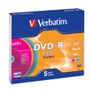 VERBATIM DVD-R, 16x, 4,7 GB/120 min, 5-pakkaus slim case, AZO, värillä