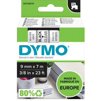 DYMO D1 Etiketteertape Authentiek 40910 2027786 Zelfklevend Zwart op Transparant 9 mm x 7 m (2027786)
