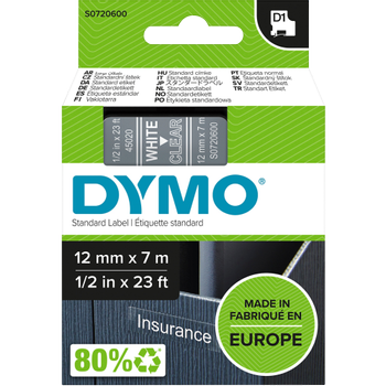 DYMO D1 S0720600 / 45020 Authentiek Labeltape Zelfklevend Wit op transparant 12 mm x 7m (FG614400BEIG)