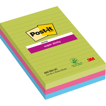 POST-IT Ultra Super Sticky Notes 101 x 152 mm Kleurenassortiment Rechthoekig Gelinieerd 3 Stuks à 90 Vellen (70005169985)
