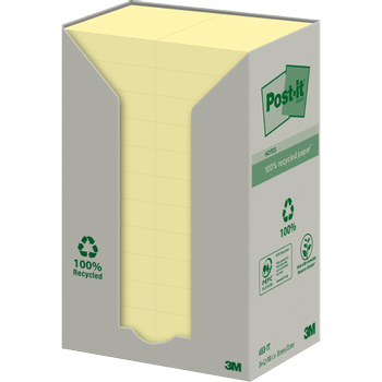 POST-IT Recycled Notes 51 x 38 mm Canary Yellow Geel 24 Blokken van 100 Vellen (653-1T)