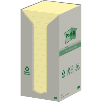 POST-IT Recycled Notes 76 x 76 mm Canary Yellow Geel 16 Blokken van 100 Vellen (654-1T)