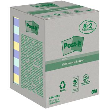 POST-IT Gerecyclede zelfklevende memoblaadjes 76 x 76 mm Pastelkleuren 100 vellen Voordeelverpakking 8 + 2 gratis (654-RCP10)