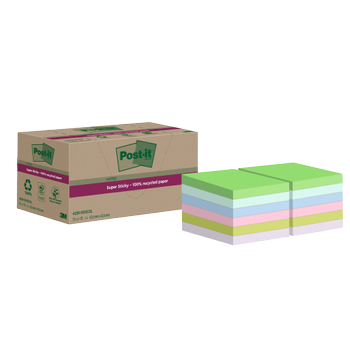POST-IT Super Sticky Notes Gerecyclede zelfklevende memoblaadjes 47,6 x 47,6 mm Kleurenassortiment 70 Vellen Pak van 12 blokken (7100284780)
