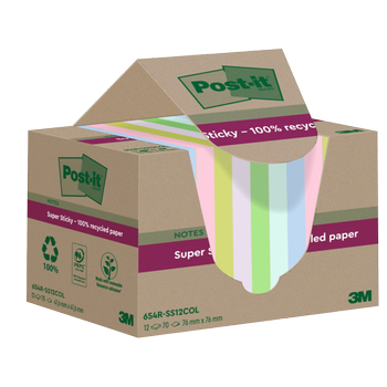POST-IT Super Sticky Notes Gerecyclede zelfklevende memoblaadjes 76 x 76 mm Kleurenassortiment 70 Vellen Pak van 12 blokken (7100284781)