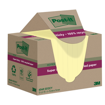POST-IT Super Sticky Notes Gerecyclede zelfklevende memoblaadjes 76 x 76 mm Kanariegeel 70 Vellen Pak van 12 blokken (7100284981)