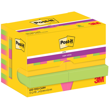 POST-IT Super Sticky Notes 622-12SS-CARN 47,6 x 47,6 mm 90 Vellen per blok Geel, groen, roze Vierkant Effen Pak van 12 (7100290181)