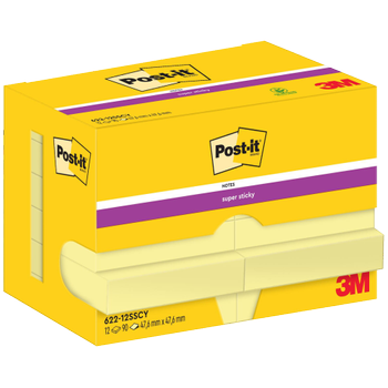 POST-IT Super Sticky Notes 622-12SSCY 47,6 x 47,6 mm 90 Vellen per blok Geel Vierkant Effen Pak van 12 (7100290190)