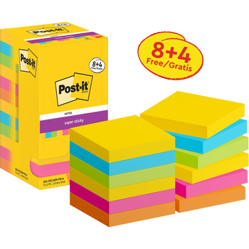 POST-IT Super Sticky Notes vierkant 76 x 76 mm blanco assortiment 654-SSCARN-P8/ +4 90 12 stuks à 90 vellen (8+4 gratis) (7100290187)