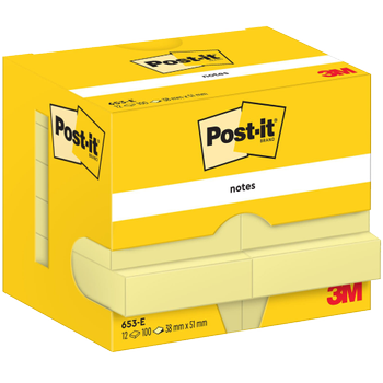 POST-IT Zelfklevende memoblaadjes 653-E 38 x 51 mm 100 Vellen per blok Geel Pak van 12 (7100290163)